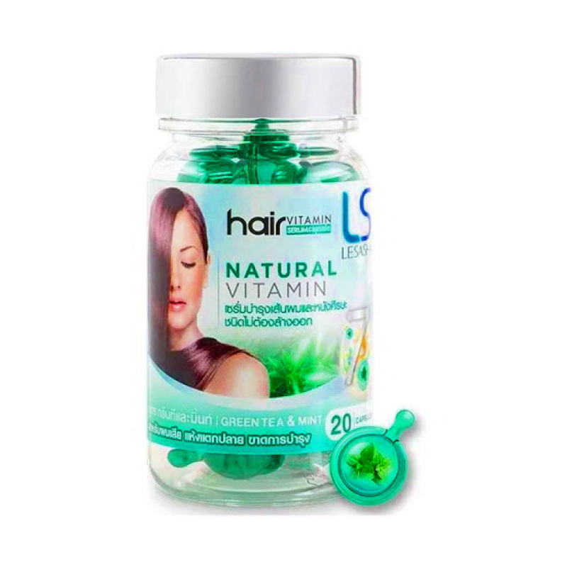 Тайские капсулы для волос Lesasha Hair Serum Vitamin c зеленым чаем и мятой в баночке, 20 шт