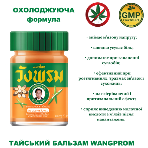Оранжевый тайский бальзам Wang Prom с криптолеписом и мятой, 50 г — от боли в мышцах и суставах