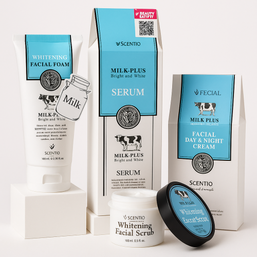 SCENTIO Milk Plus — Coffret rajeunissant pour le visage au protéines de lait & Q10 : sérum, crème, mousse nettoyante et gommage